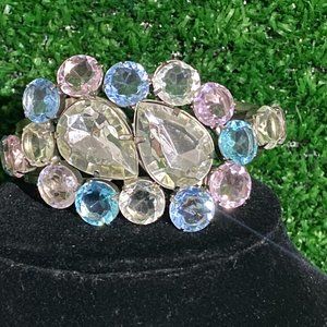 Vintage rhinestone stones, silver look metal bracelet - Blue, Pink, Clear Stones